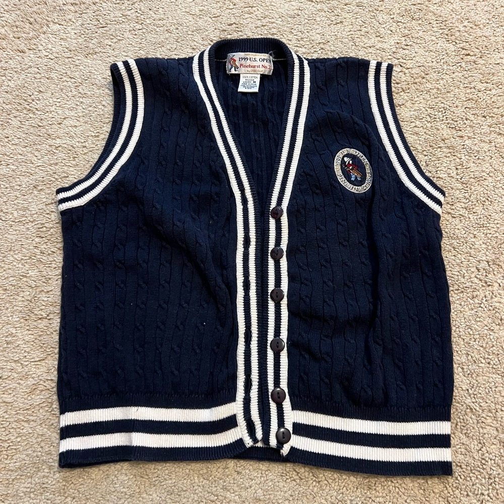 Vintage Pinehurst 1999 Navy Blue Cable Knit Vest with White Trim